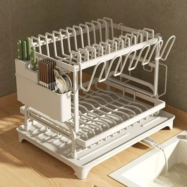 2-Tier Dish Drying Rack with Drain Board (Large Capacity)