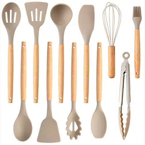 12-Piece Non-Stick Silicone Kitchen Utensil Set with Wooden Handles