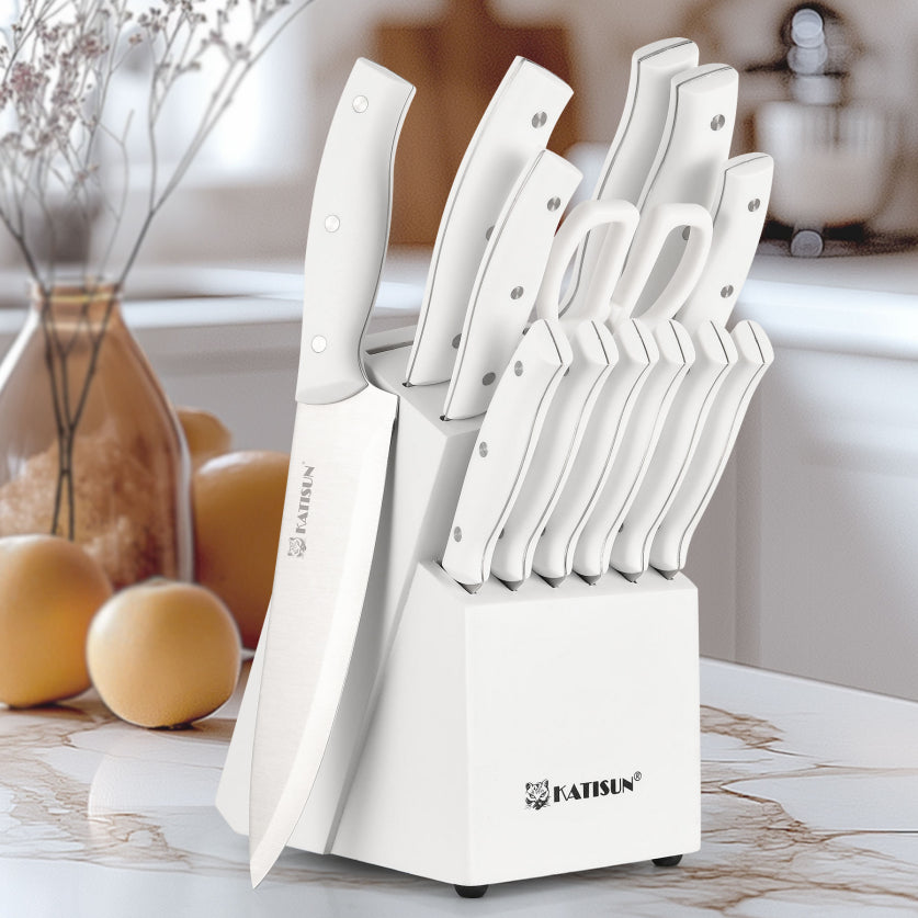 15-Piece Kitchen Knife Set with Wooden Block & Built-In Sharpener