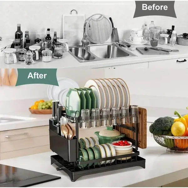 2-Tier Dish Drying Rack with Drain Board (Large Capacity)