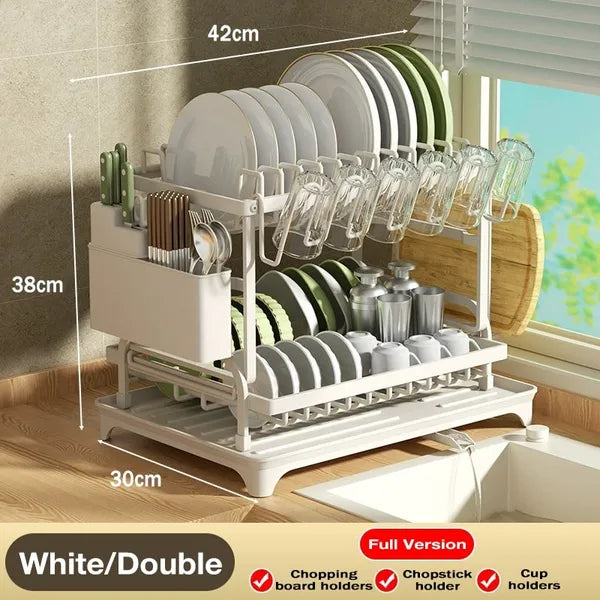 2-Tier Dish Drying Rack with Drain Board (Large Capacity)
