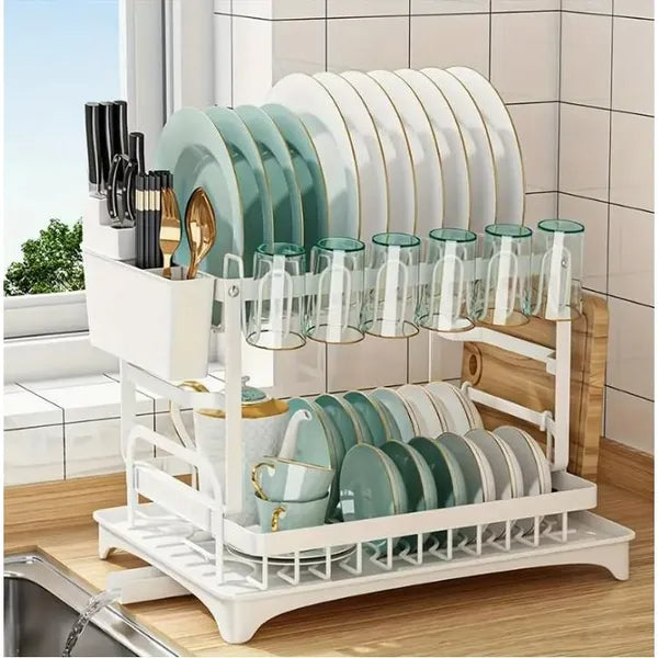 2-Tier Dish Drying Rack with Drain Board (Large Capacity)