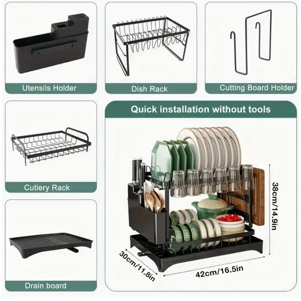 2-Tier Dish Drying Rack with Drain Board (Large Capacity)