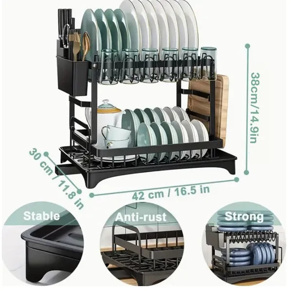 2-Tier Dish Drying Rack with Drain Board (Large Capacity)