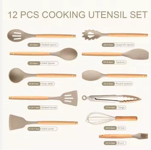 12-Piece Non-Stick Silicone Kitchen Utensil Set with Wooden Handles