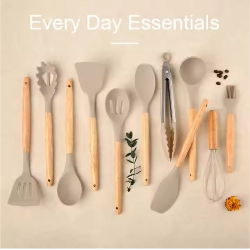 12-Piece Non-Stick Silicone Kitchen Utensil Set with Wooden Handles