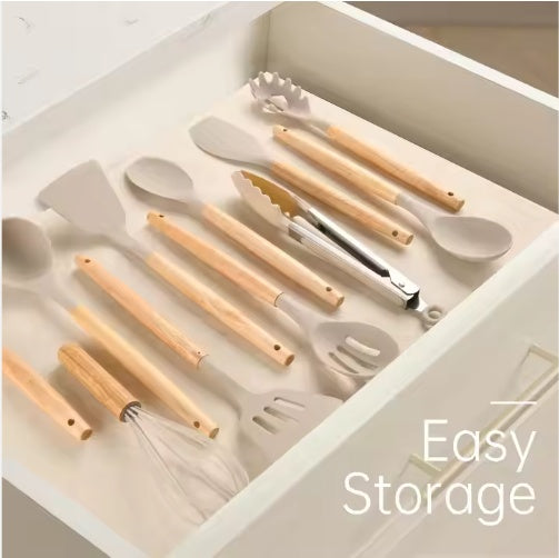 12-Piece Non-Stick Silicone Kitchen Utensil Set with Wooden Handles